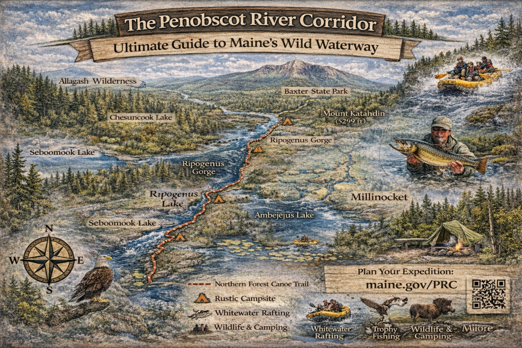 Illustrated map of the Penobscot River Corridor in Maine showing lakes, river routes, access points, and surrounding wilderness areas.