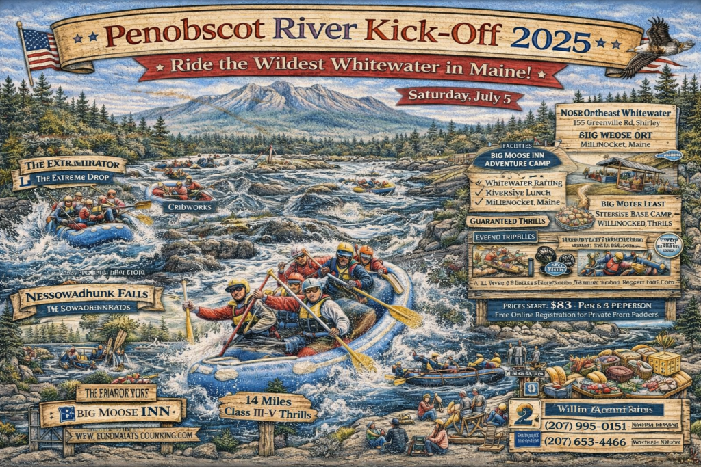 Illustrated 16:9 event map of the Penobscot River Kick-Off 2025 in Maine, highlighting Class V rapids, Ripogenus Gorge, Mount Katahdin views, rafting launch sites in Millinocket and Shirley, and scenic North Woods wilderness.