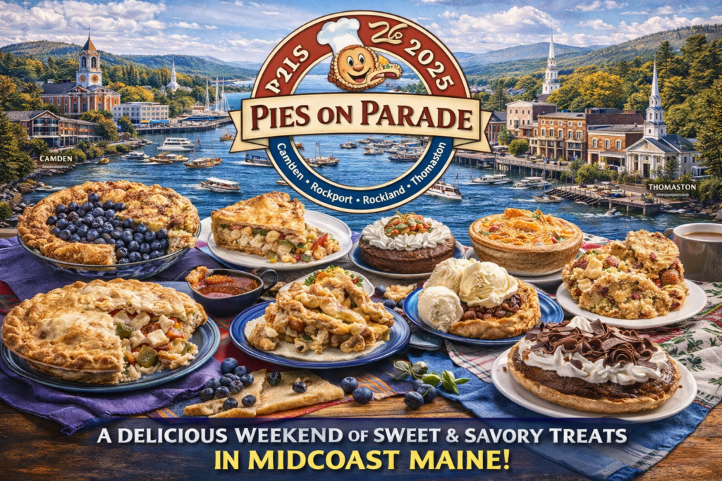 Pies on Parade 2025 in Midcoast Maine featuring sweet and savory pies with scenic harbor views of Camden, Rockport, Rockland, and Thomaston during Pi Day weekend.