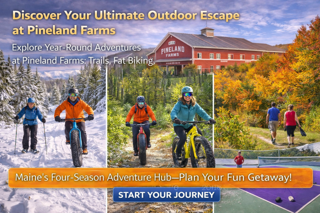 Fat bikers and snowshoers exploring groomed winter trails at Pineland Farms in New Gloucester, Maine, surrounded by snowy fields and forests.