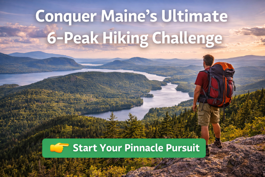 Hikers standing on a rugged Maine mountain summit overlooking Moosehead Lake during the Ultimate 6-Peak Pinnacle Pursuit hiking challenge.