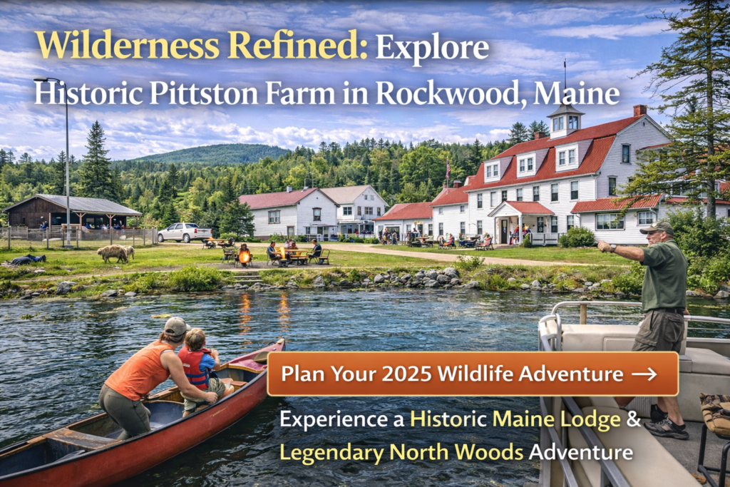 Historic Pittston Farm lodge in Rockwood, Maine, overlooking the Penobscot River with families paddling, outdoor dining, and North Maine Woods scenery in summer.