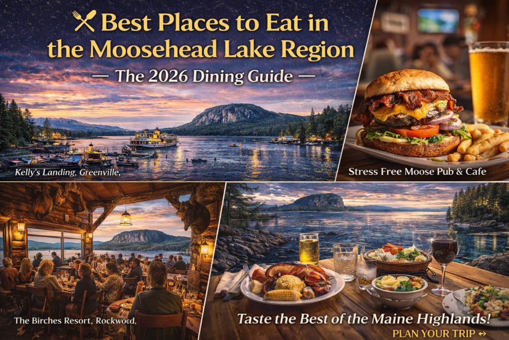 Moosehead Lake waterfront dining in Greenville Maine featuring Mount Kineo views, lobster dinner, burger and craft beer at Stress Free Moose Pub, and rustic North Woods restaurant atmosphere.