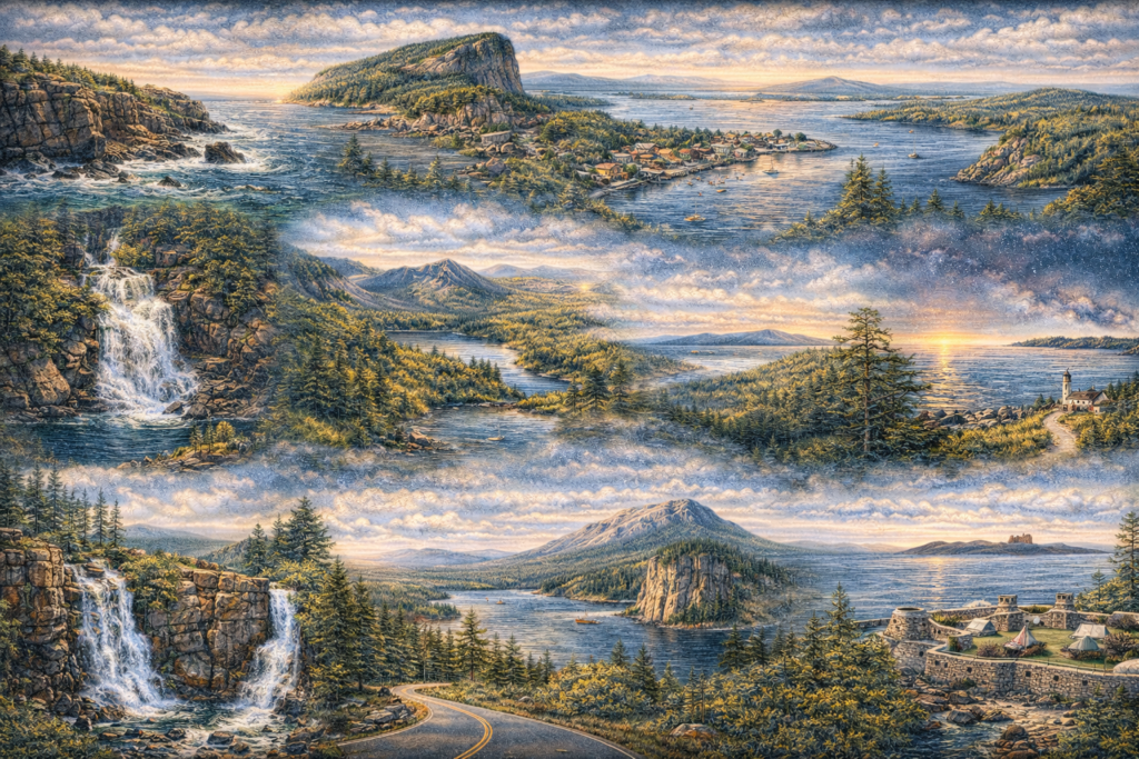 Scenic montage of Maine’s iconic landscapes including Mount Kineo, Bold Coast cliffs, Gulf Hagas gorge, Angel Falls, and Moosehead Lake under vibrant natural skies.