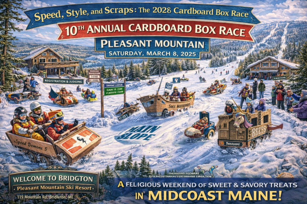 10th Annual Cardboard Box Race at Pleasant Mountain in Bridgton Maine featuring creative homemade cardboard sleds racing down the snowy main slope with spectators and mountain scenery