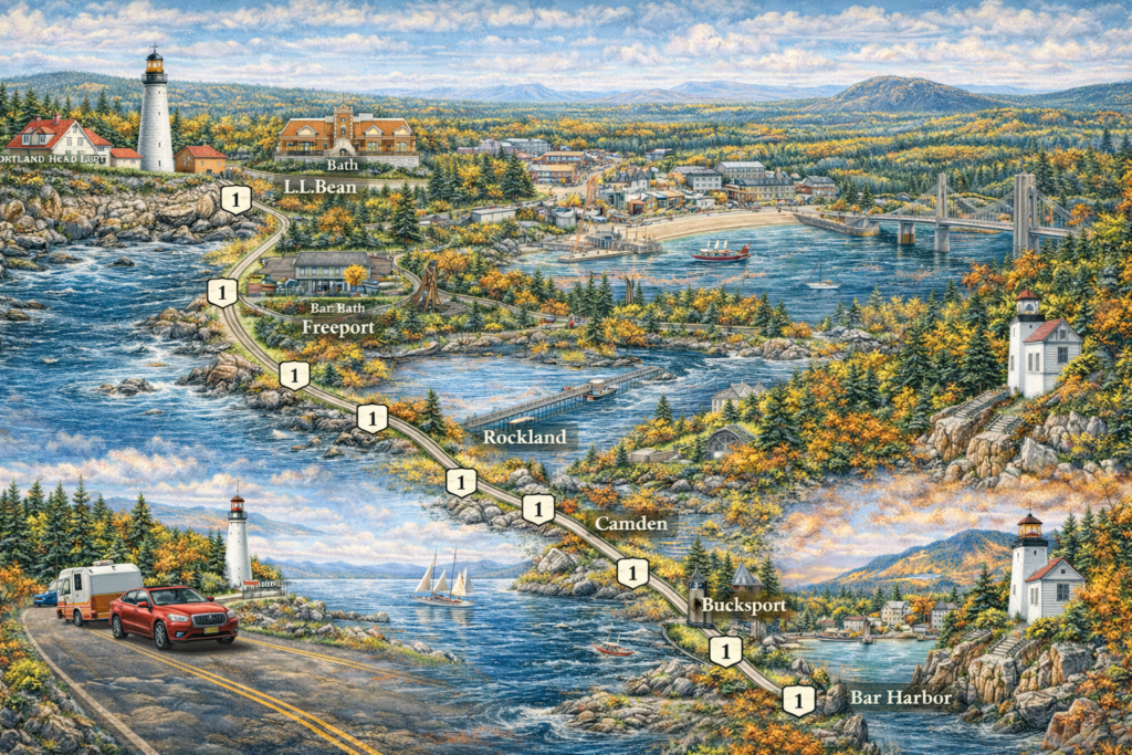 Scenic illustrated map of Maine Route 1 road trip from Portland to Bar Harbor featuring coastal lighthouses, Camden Harbor, Rockland Breakwater, Penobscot Narrows Bridge, Acadia coastline, and autumn foliage.