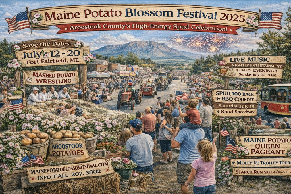 Crowds gather along Main Street in Fort Fairfield, Maine during the 2025 Maine Potato Blossom Festival parade with tractors, blooming potato fields, fireworks, and summer celebration in Aroostook County.