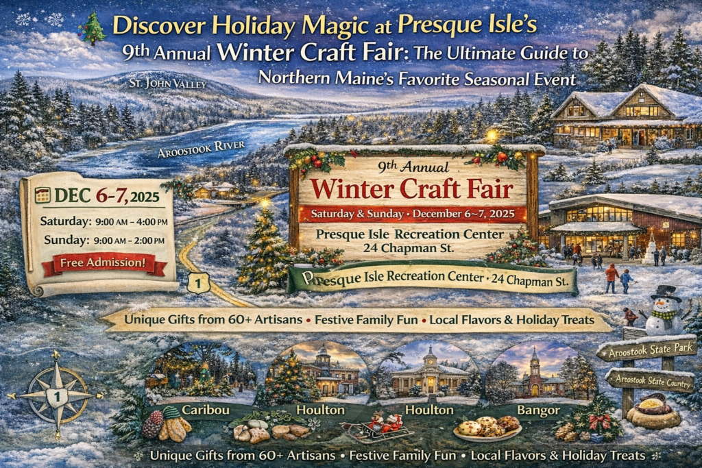 Presque Isle 9th Annual Winter Craft Fair illustrated holiday map featuring Aroostook River scenery, Presque Isle Recreation Center, and festive winter vendors in Northern Maine.