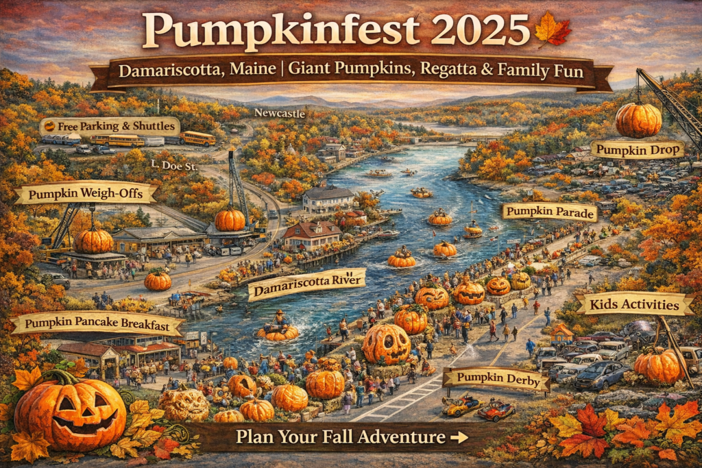 Illustrated 16:9 map of Pumpkinfest 2025 in Damariscotta, Maine featuring giant Atlantic pumpkins, pumpkin boat regatta on the Damariscotta River, pumpkin weigh-offs, parade, derby, drop event, and colorful fall foliage in Midcoast Maine.