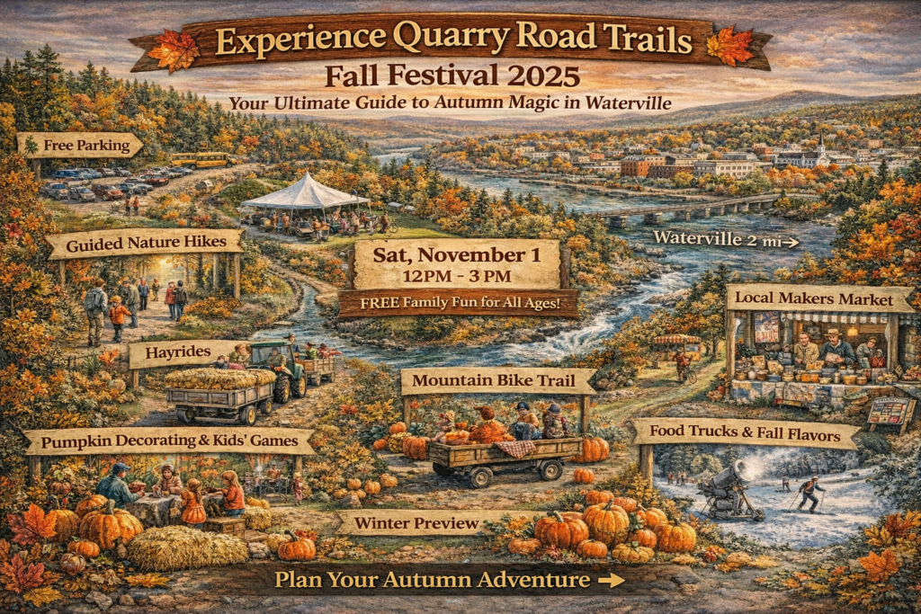 Illustrated map of Quarry Road Trails Fall Festival 2025 in Waterville, Maine featuring autumn foliage, hayrides, pumpkin decorating, guided nature hikes, local makers market, mountain biking trails, and Kennebec River scenery.