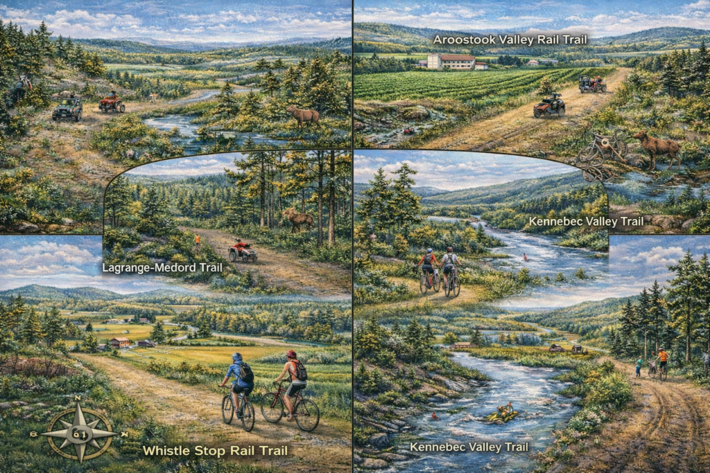 Scenic Maine rail trails map featuring Aroostook Valley Trail, Kennebec Valley Trail, Lagrange–Medford Trail, and Whistle Stop Trail with biking, ATV riding, and river views.