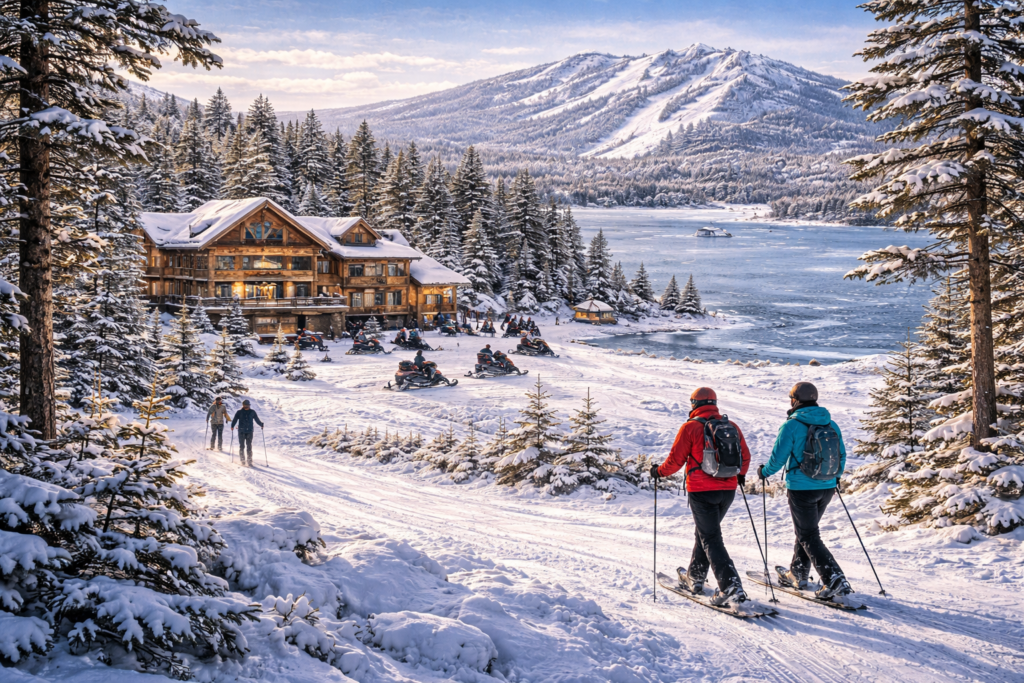 Winter landscape of Maine’s Rangeley Lakes Region featuring frozen lakes, snow-covered mountains, evergreen forests, and outdoor activities like skiing and snowshoeing under clear blue skies.