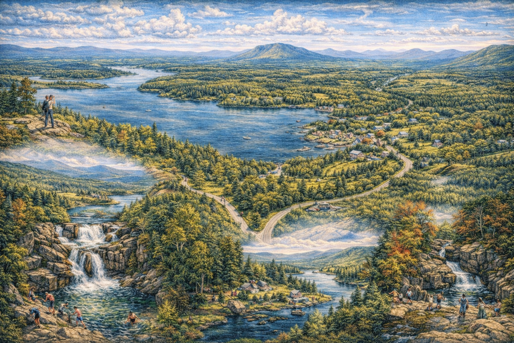 High-resolution 16:9 illustrated aerial map of the Rangeley Lakes Scenic Byway in Western Maine featuring Height of Land overlook, Mooselookmeguntic Lake, Smalls Falls waterfall, winding Route 17, forested mountains, and crystal-clear lakes.