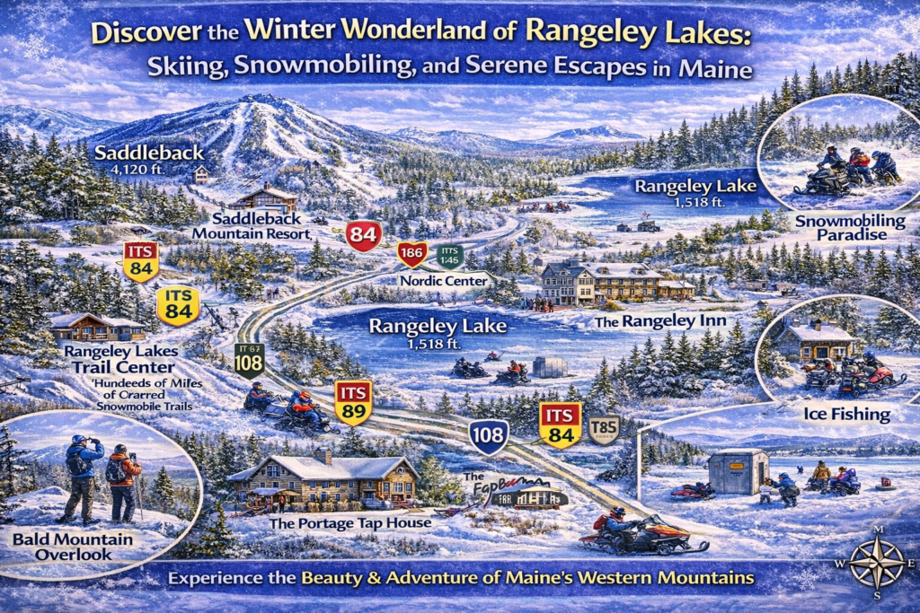 Illustrated winter map of Maine’s Rangeley Lakes region showing Saddleback Mountain, snowmobile trails, frozen lakes, and surrounding mountain scenery in winter.