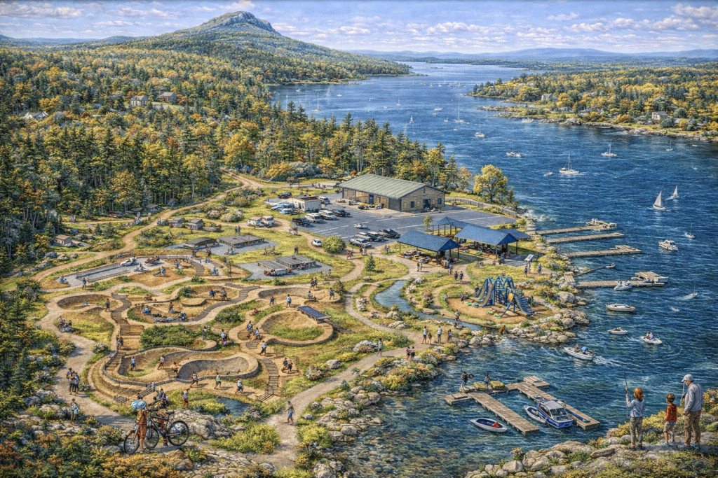 Aerial view of Greenville Maine’s revitalized Red Cross Beach Skills Park on Moosehead Lake featuring mountain bike pump track, playground, picnic pavilions, docks, and Mount Kineo in the background.