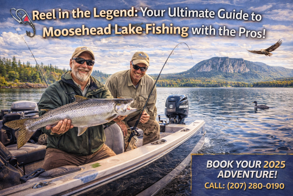 Two professional fishing guides land a trophy landlocked salmon on Moosehead Lake with Mount Kineo rising in the background, showcasing a guided fishing adventure in Maine’s North Woods.