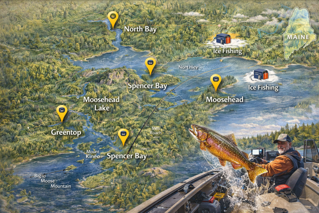 Fishing guide boat on Moosehead Lake with an angler reeling in a trophy trout, surrounded by forested Maine shoreline, Mount Kineo views, and prime fishing locations highlighted on a Moosehead Lake map.