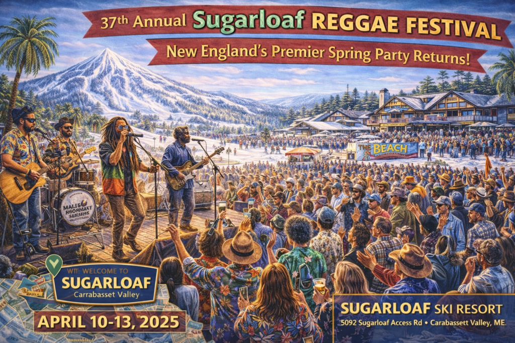 Crowd enjoying live reggae music at Sugarloaf Ski Resort during the 37th Annual Sugarloaf Reggae Festival, with spring skiing, mountain scenery, and Carrabassett Valley in Maine.