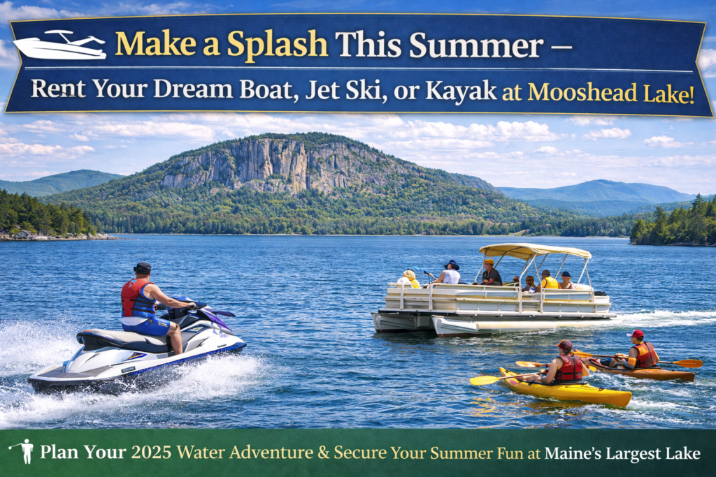 Jet ski rider, pontoon boat with family, and kayakers on Moosehead Lake with Mount Kineo cliffs in the background on a sunny summer day in Rockwood, Maine.