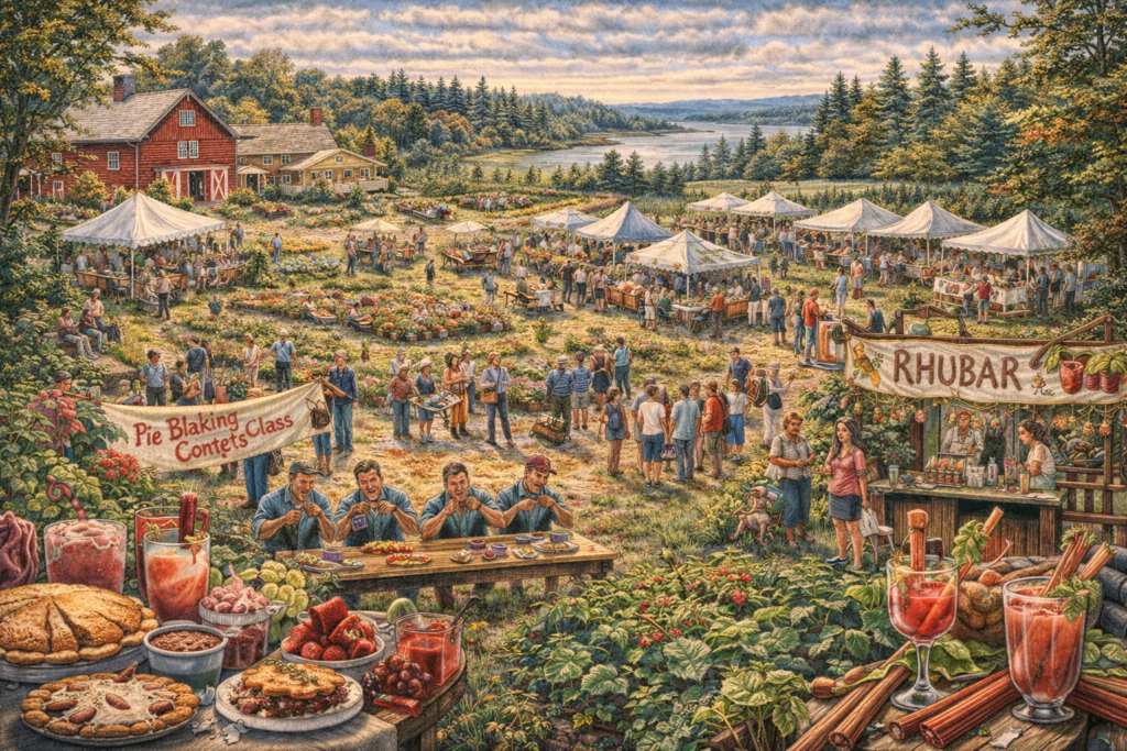 Detailed 16:9 illustrated map of Perry, Maine showing Kendall Farm on Shore Road, nearby Passamaquoddy Bay coastline, rolling blueberry barrens, rural farmland, festival tents, and scenic Bold Coast landscape in vibrant natural colors.