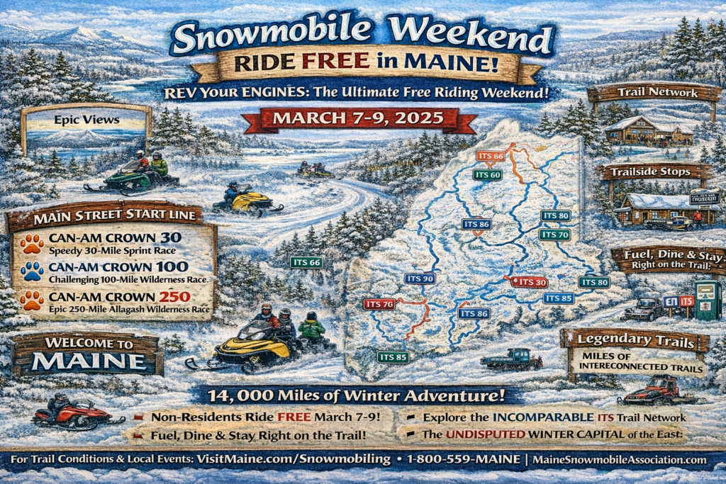 Illustrated winter event map of Snowmobile Weekend Ride Free in Maine showing snowmobilers riding groomed ITS trails through forests and mountains, highlighted trail networks, trail-side lodges, fuel stops, and scenic winter views during the March 7–9, 2025 free riding weekend.