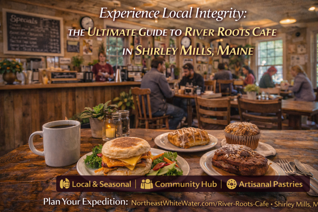 River Roots Cafe in Shirley Mills, Maine, featuring fresh locally sourced breakfast dishes and coffee in a cozy North Woods setting near Moosehead Lake.