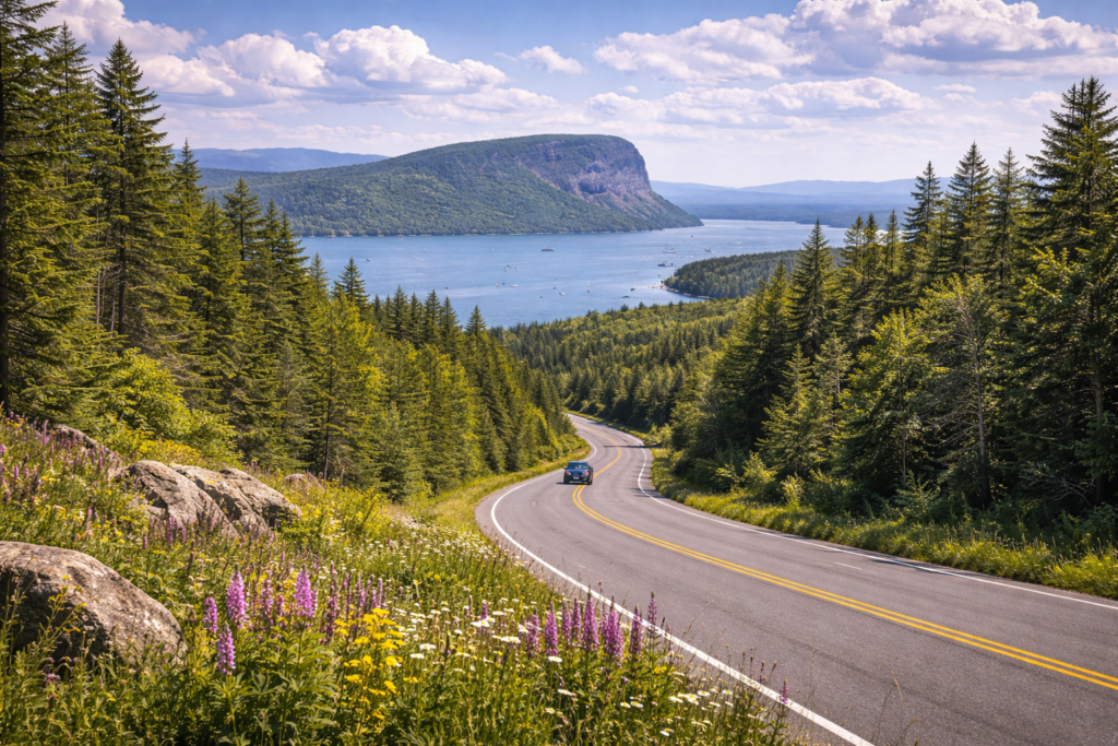 Scenic drive along Moosehead Lake Scenic Byway on Route 15 in Maine with forested mountains, lake views, and winding roadway under blue summer skies