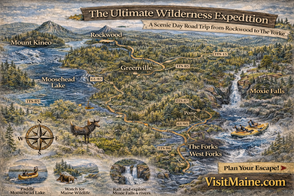 Scenic map showing the road trip route from Rockwood Maine to Greenville, The Forks, and West Forks with rivers, forests, and mountain landscapes in the Maine Highlands.