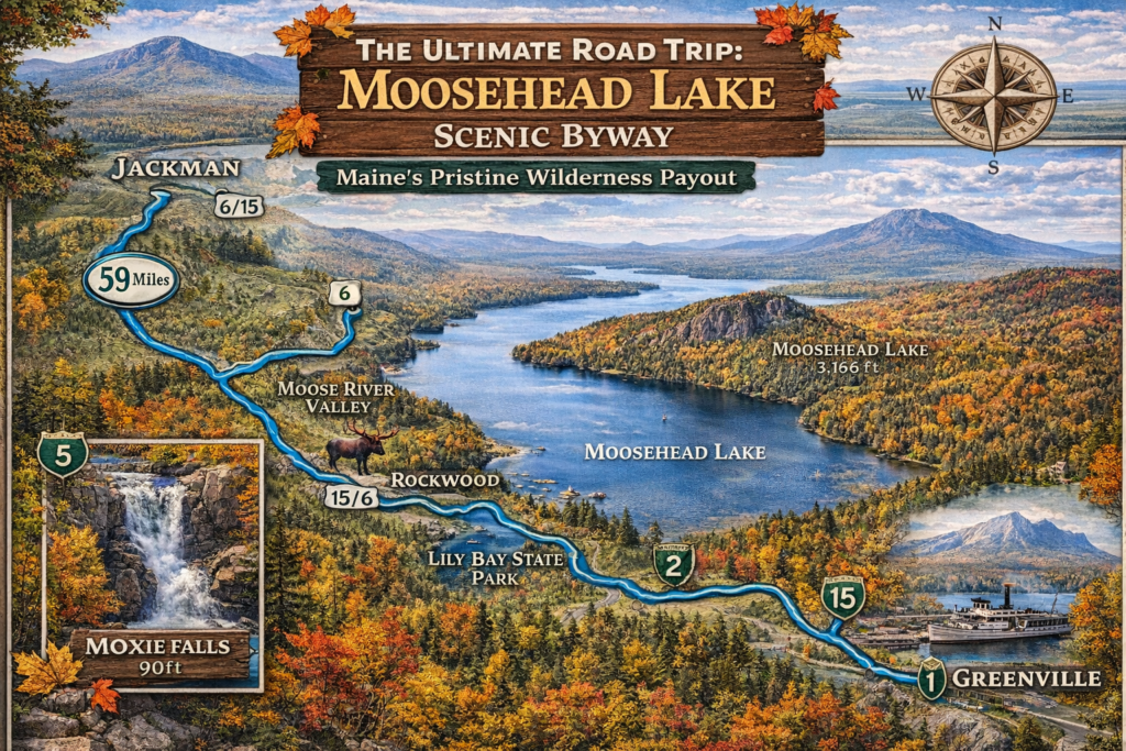 Moosehead Lake Scenic Byway map showing the driving route from Greenville to Jackman, Maine, with Moosehead Lake, Big Moose Mountain, Rockwood, and the Moose River Valley surrounded by dense North Woods scenery.