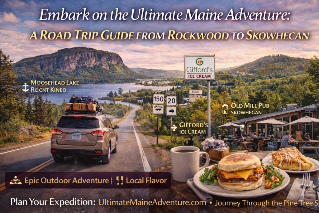 Scenic Maine road trip route from Rockwood to Skowhegan featuring Moosehead Lake, forested highways, river towns, and classic small-town Maine stops.