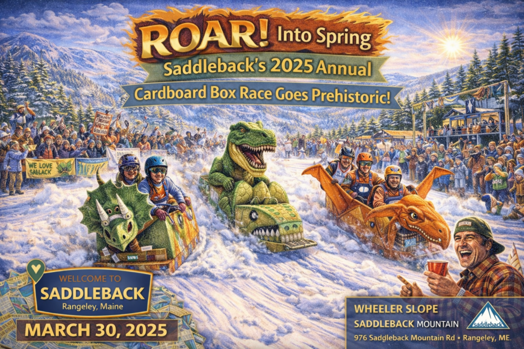 Dinosaur-themed cardboard box racers slide down Wheeler Slope at Saddleback Mountain during the 2025 Annual Cardboard Box Race in Rangeley, Maine, with crowds cheering under sunny spring skies.