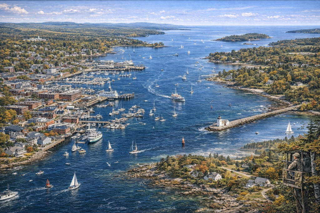 Aerial map-style view of Rockland, Maine featuring the Rockland Breakwater Lighthouse, bustling harbor, Penobscot Bay islands, schooners, and vibrant fall foliage along the MidCoast waterfront.