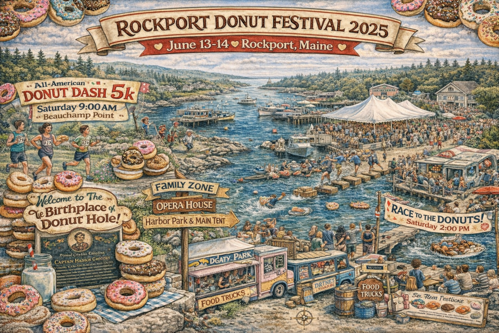 Illustrated 16:9 event map of the Rockport Donut Festival 2025 in Rockport Harbor, Maine featuring Harbor Park, Opera House, Donut Dash 5K route, crate race, food trucks, and waterfront festival crowds.