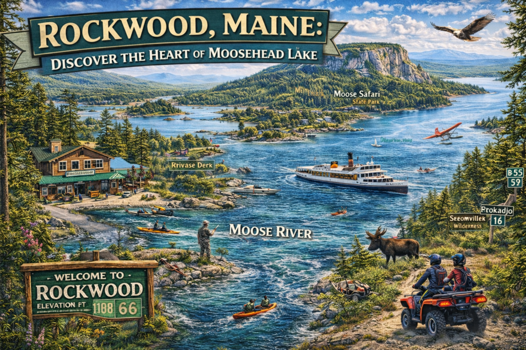 Illustrated map view of Rockwood, Maine showing the Moose River flowing into Moosehead Lake, Mount Kineo cliffs, seaplane flights, kayaking, fishing, ATV trails, wildlife, and downtown Rockwood landmarks.
