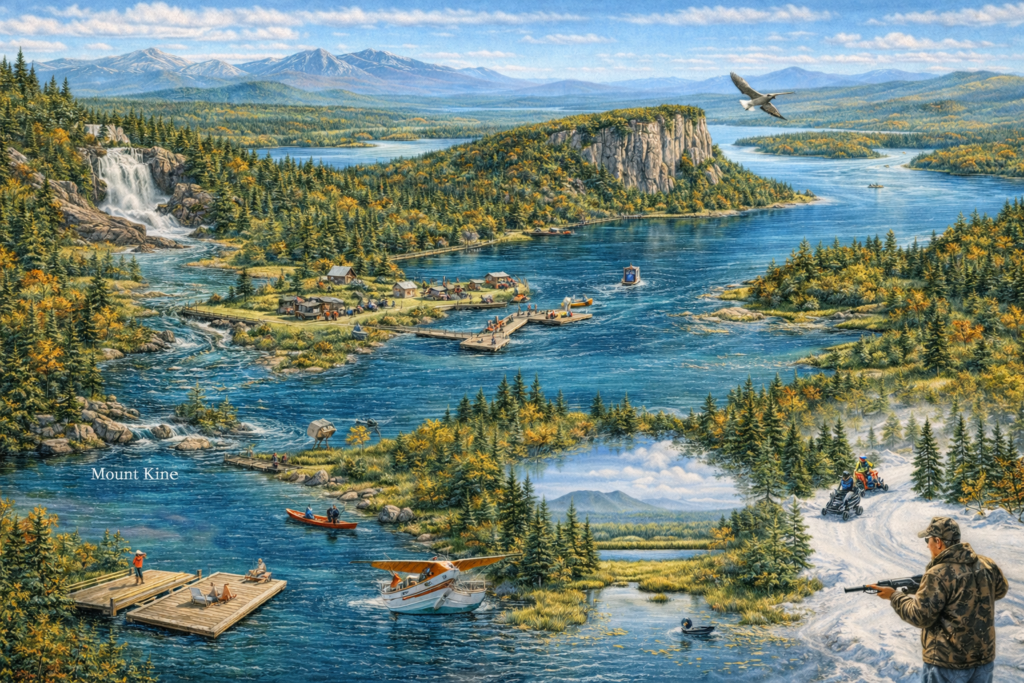 Scenic illustrated map of Rockwood Maine featuring Mount Kineo, Moosehead Lake, Moose River, waterfalls, forested mountains, boating, fishing, snowmobiling, and North Woods outdoor adventure.