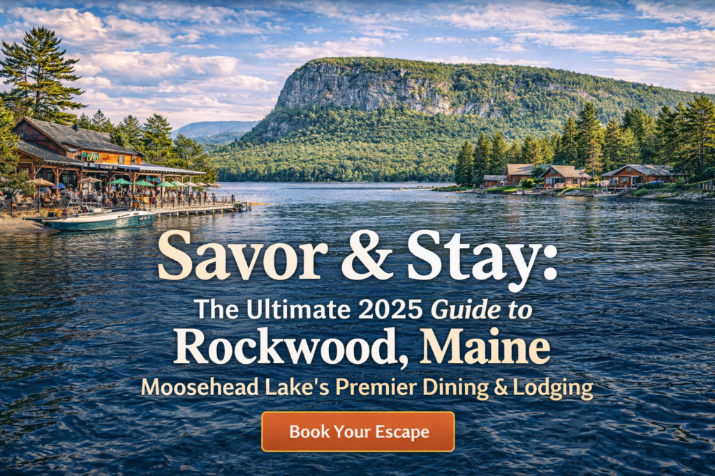 Rockwood Maine lakeside dining and lodging scene at Moosehead Lake with Mount Kineo in the background featuring waterfront restaurant and cabins promoting 2025 travel guide.