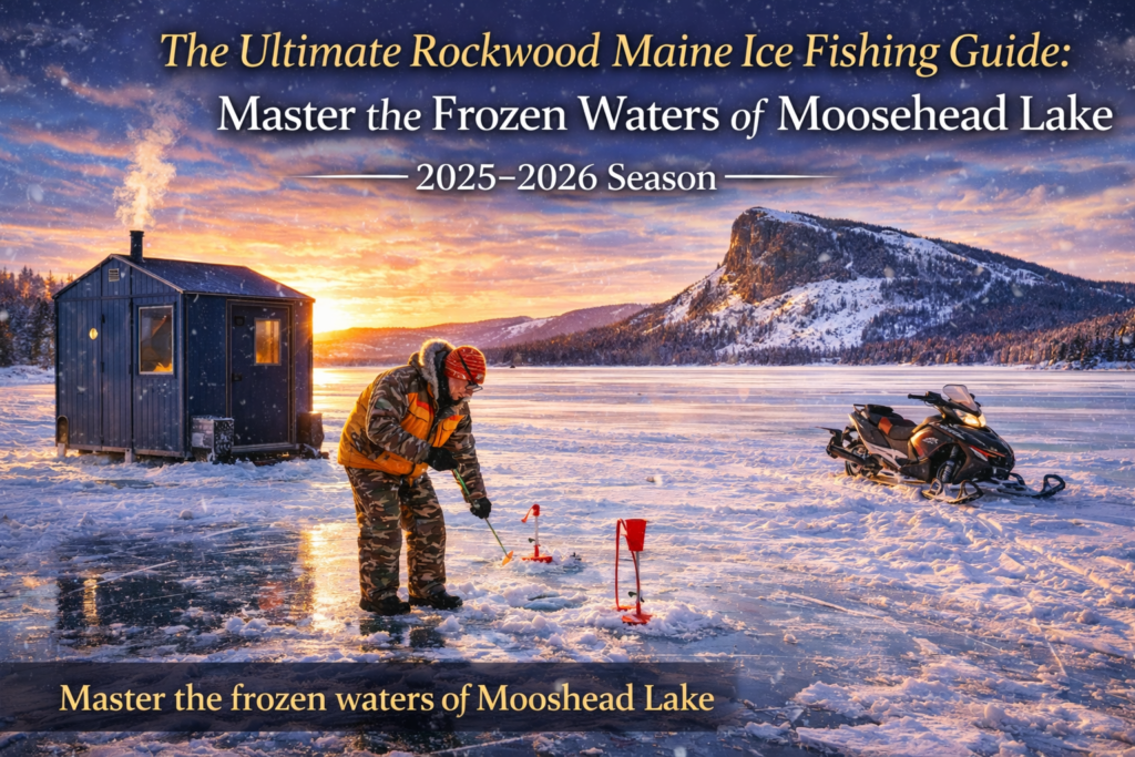 Ice fishing at sunset on Moosehead Lake in Rockwood, Maine with Mount Kineo in the background, angler tending tip-ups beside heated ice shack during the 2025–2026 winter season.
