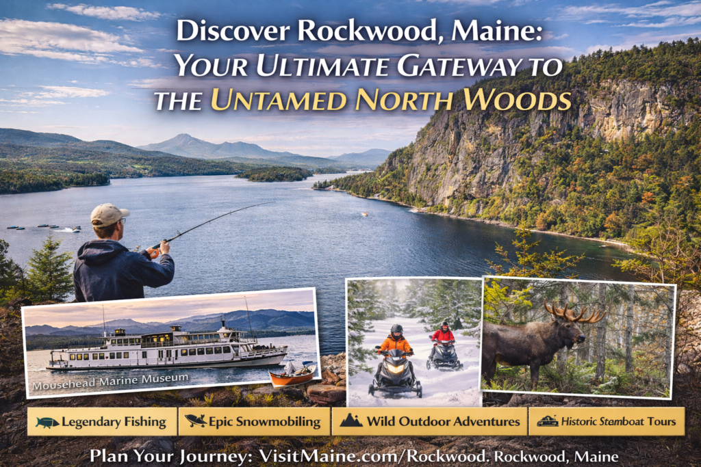 Rockwood Maine on Moosehead Lake with Mount Kineo cliffs rising above calm water, forested shoreline, and wilderness landscape under soft daylight
