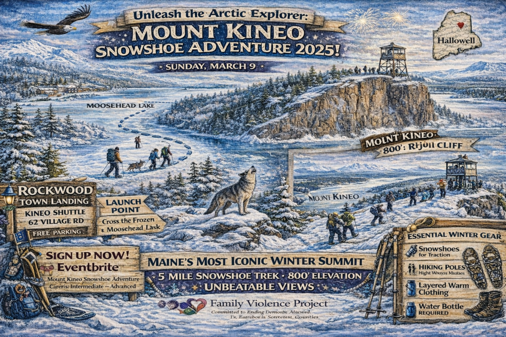 Illustrated winter event map of the Mount Kineo Snowshoe Adventure 2025 showing snowshoers crossing frozen Moosehead Lake from the Rockwood Town Landing to the summit of Mount Kineo, featuring steep flint cliffs, forest trails, and the historic fire tower overlooking the Maine Highlands.