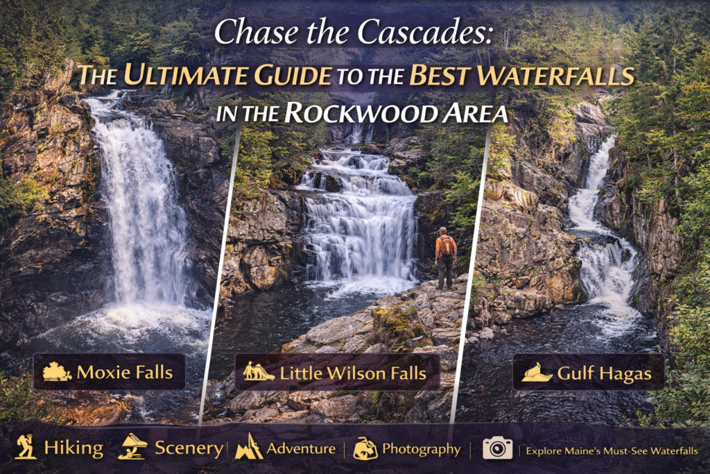 Rockwood Maine waterfalls including Moxie Falls, Little Wilson Falls, and Gulf Hagas surrounded by Maine Highlands wilderness