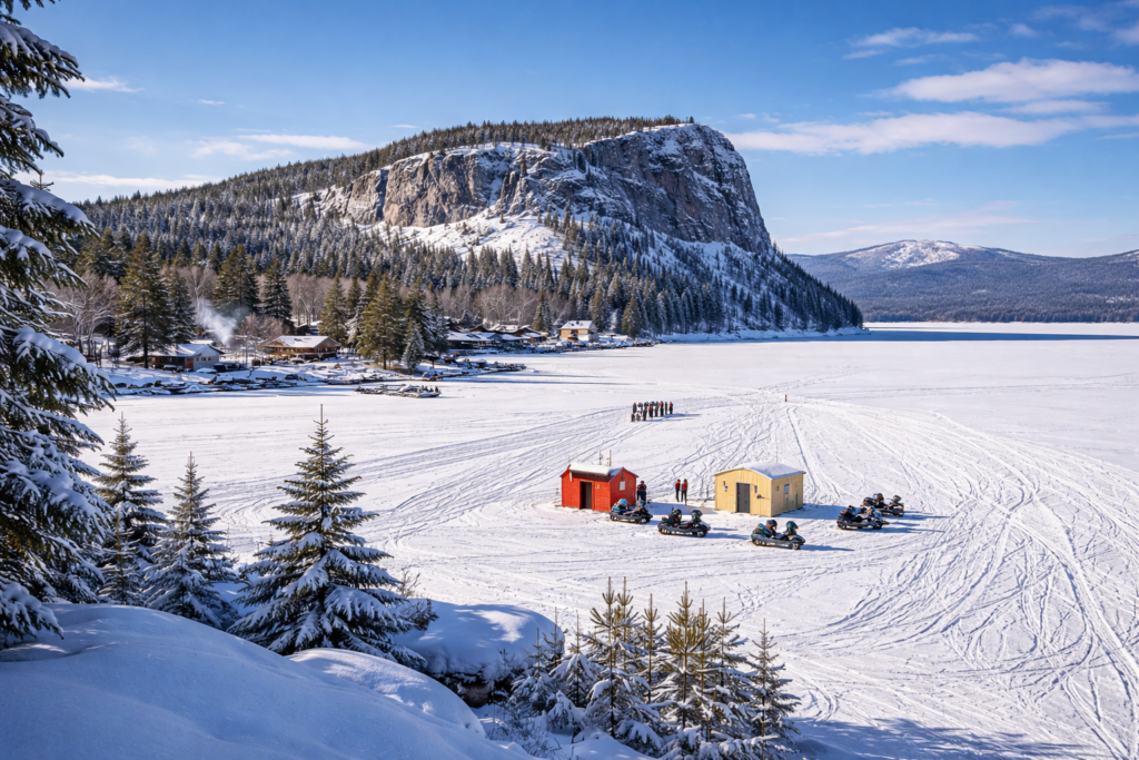 Snowmobile on frozen Moosehead Lake near Rockwood Maine with Mount Kineo and snow-covered mountains in winter