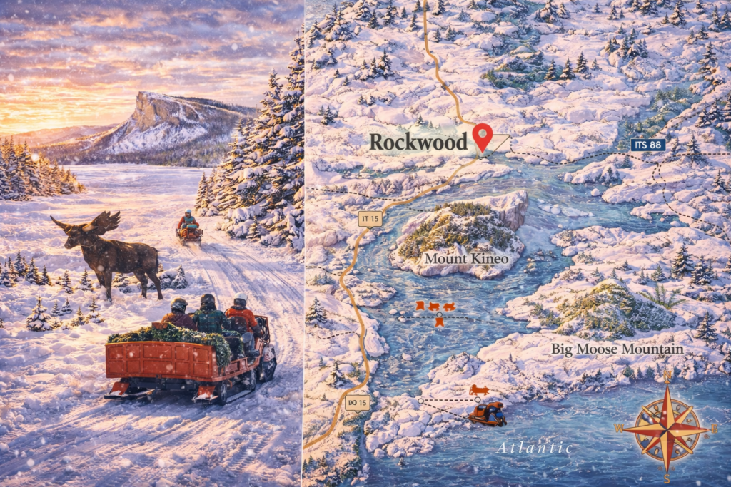 Winter map illustration of Rockwood, Maine featuring Moosehead Lake, Mount Kineo, Big Moose Mountain, and ITS snowmobile trails in the Maine Highlands.