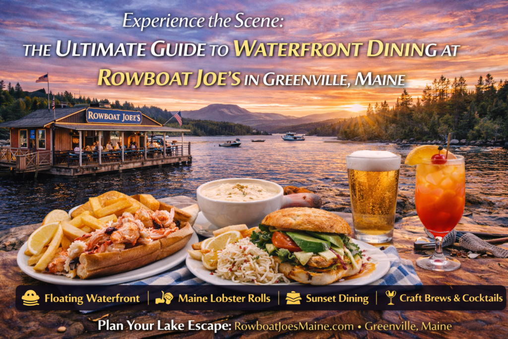 Floating waterfront café Rowboat Joe’s on Moosehead Lake in Greenville Maine with diners enjoying breakfast and lunch on a sunny lakeside barge