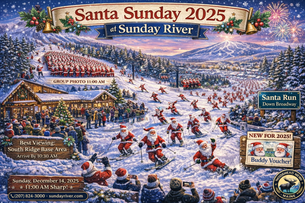 Santa Sunday 2025 at Sunday River in Newry Maine featuring hundreds of Santas skiing down Broadway trail with South Ridge Base Area and western Maine mountains in the background.