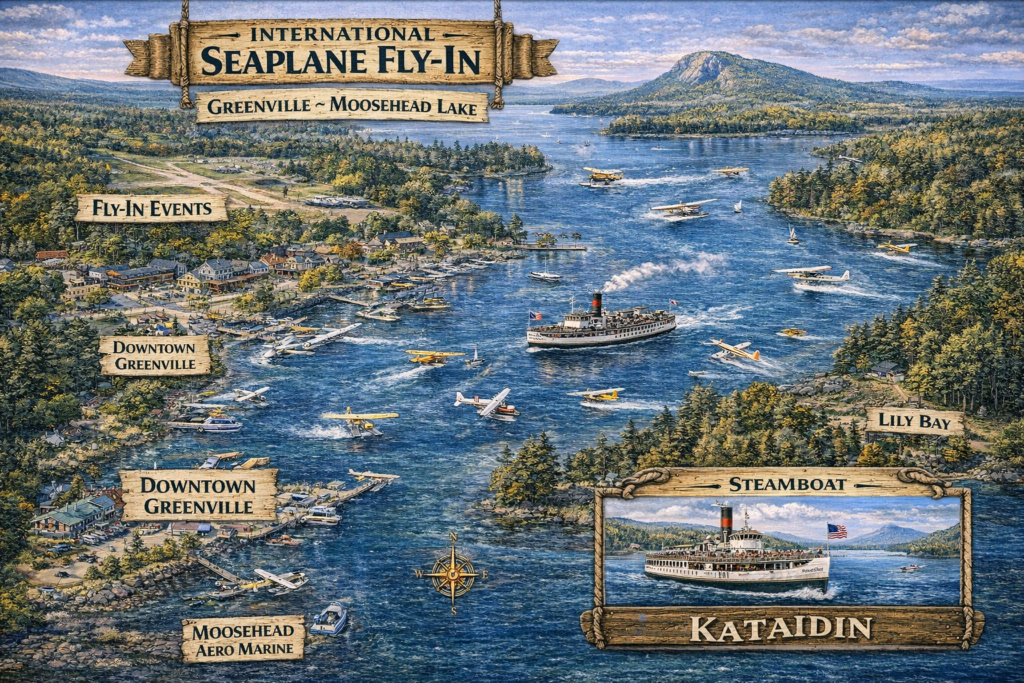 Aerial illustrated map of the International Seaplane Fly-In in Greenville, Maine, showing Moosehead Lake, Mount Kineo, downtown Greenville, seaplanes landing on the water, and the historic Steamboat Katahdin cruising during the 2025 aviation festival.