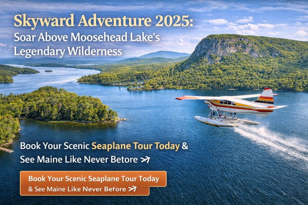 Seaplane flying over Moosehead Lake with Mount Kineo cliffs in the background during a scenic Maine Highlands seaplane tour in 2025.