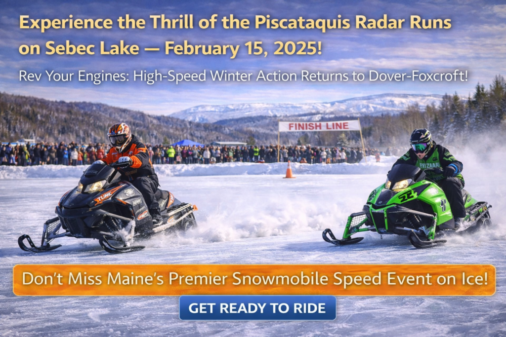 Snowmobiles racing at high speed on Sebec Lake during the Piscataquis Radar Runs in Dover-Foxcroft, Maine, with winter mountains and spectators in the background