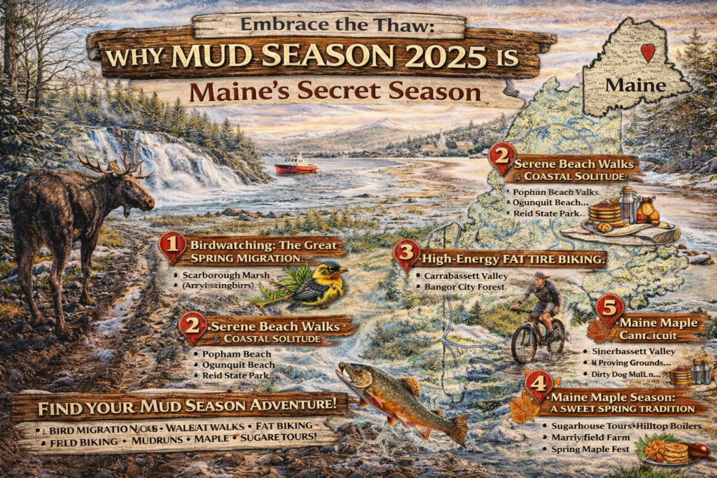 Illustrated spring map of Maine highlighting mud season outdoor adventures, including birdwatching during spring migration, quiet coastal beach walks, fat tire biking trails, maple syrup season, mud run events, wildlife sightings, and rushing snowmelt waterfalls across the state.