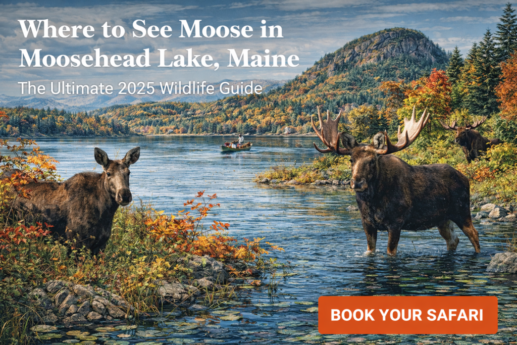 Moose standing in shallow water at Moosehead Lake near Mount Kineo during peak fall foliage with canoe and North Woods scenery in Maine.