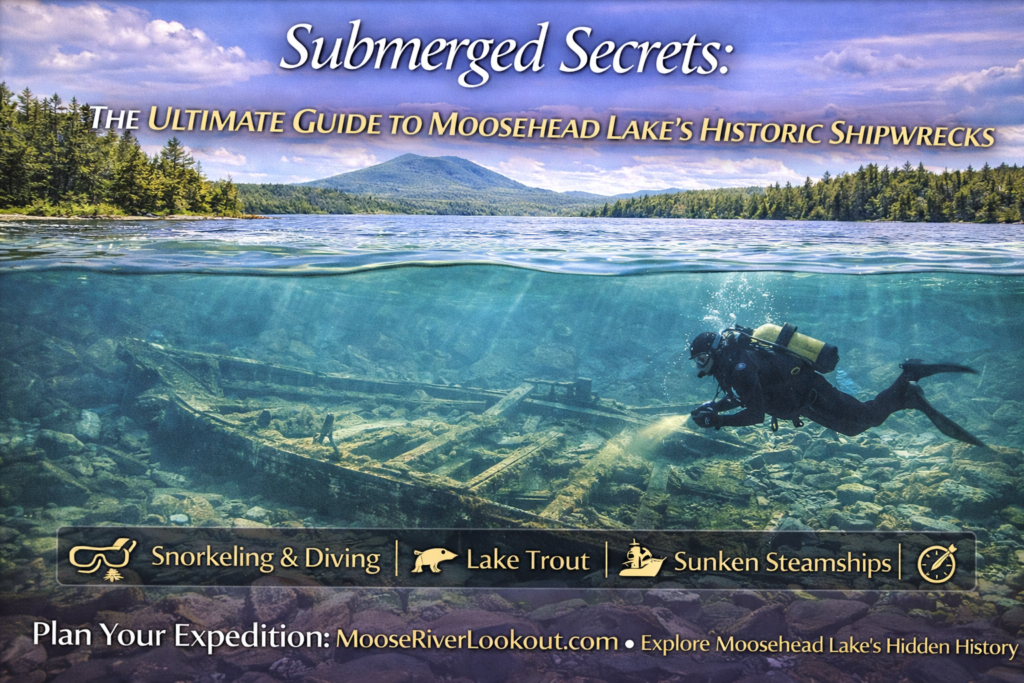 Underwater view of a historic steamship wreck resting beneath the clear waters of Moosehead Lake, Maine, with wooden hull remains and fish swimming nearby.